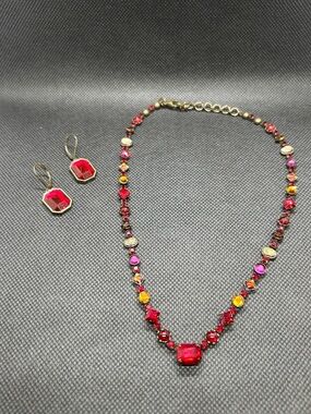 Gold-Tone Red and Pink Crystal Necklace with Matching Earrings
